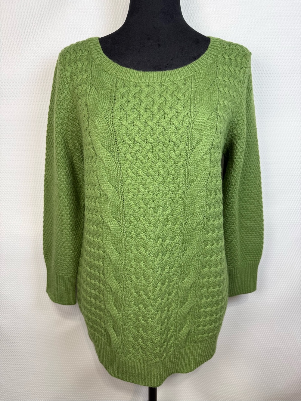 LOFT Green Cable Knit Sweater Women’s Medium Wool Rabbit Hair Blend 3/4 Sleeve